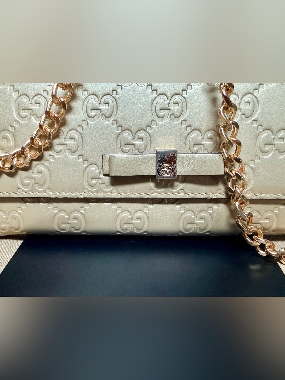 Authentic Gucci Guccissima GG Bow Continental Wallet /Unbranded Chain Gold/Cream - Picture 15 of 16